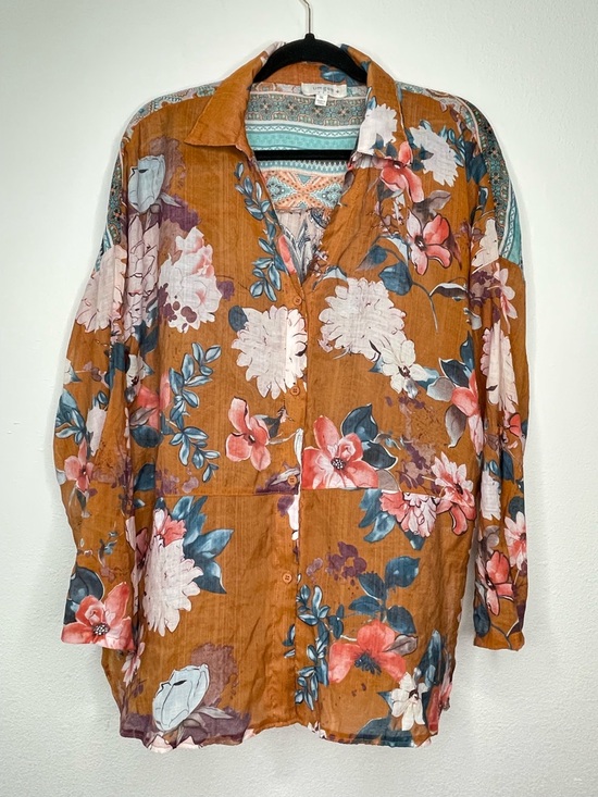 Umgee Tops - Umgee Ladies Size XL Brown Semi Sheer Rolled Tab Sleeve Floral Button Up Blouse